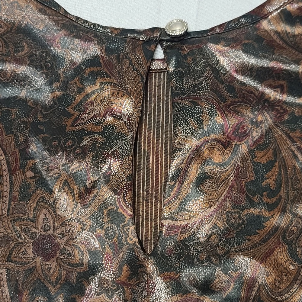 Paisley Pleated Metallic Blouse Womens L Bronze Gold Short Sleeve Top Glam - Picture 4 of 7